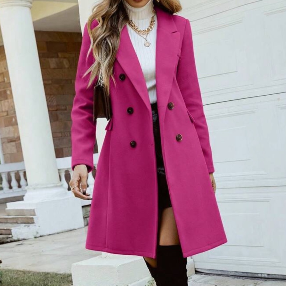 Classic Hot Pink Button Double Breasted Trench Coat Jacket - Picture 7 of 12